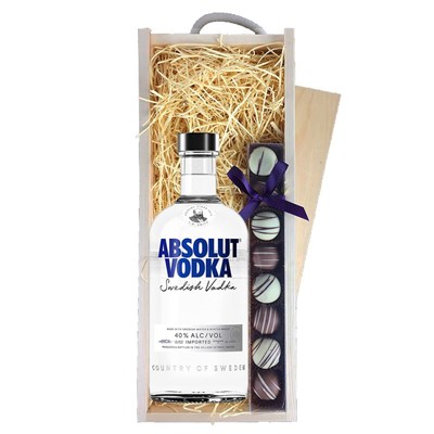 Absolut Blue Vodka 70cl & Heart Truffles, Wooden Box